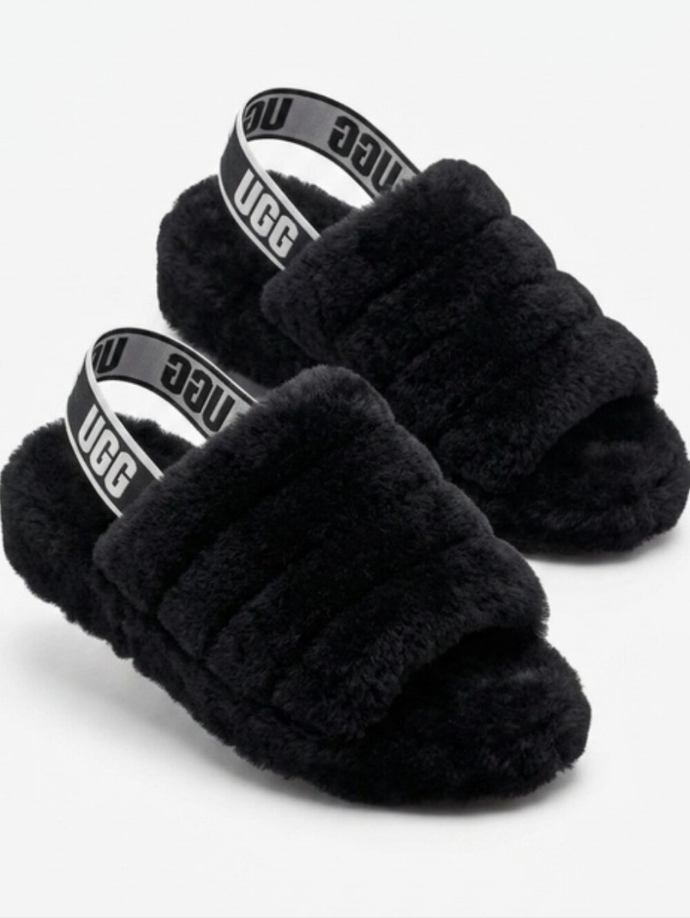 Brand New UGG Black Fluff Yeah Slide with Branded Elastic Backstrap Size 10 - Picture 2 of 5